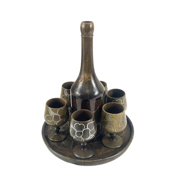 Handcrafted Wooden MCM Hand Turned Decanter Set With 6 Floral Etched Goblets & R - Picture 1 of 12